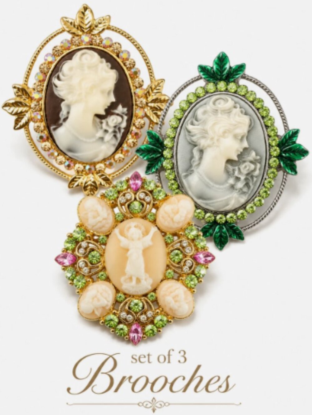（Set of 3) New Oval Pink Vintage Style Angel Lady Cameo Brooch Pendant Charm Pin